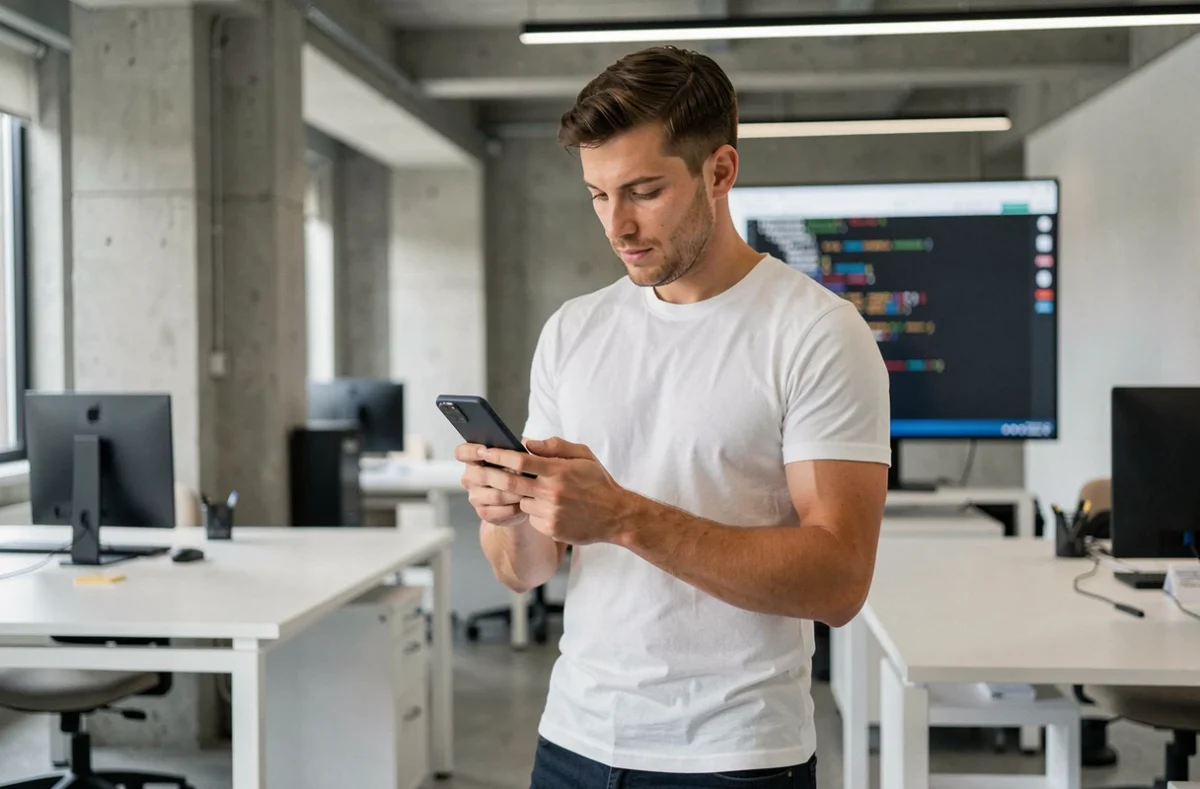 Homme dans un espace de travail moderne tenant un smartphone pliable, illustrant les dernières tendances high-tech