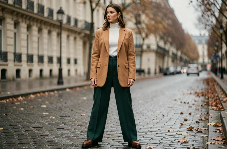 Femme élégante portant un blazer camel oversize et un pantalon large vert forêt dans une rue pavée parisienne, tendances mode automne