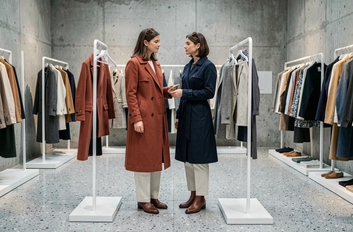 Deux femmes élégantes explorant des vêtements tendance dans une boutique de mode minimaliste parisienne, manteau rouille et trench marine
