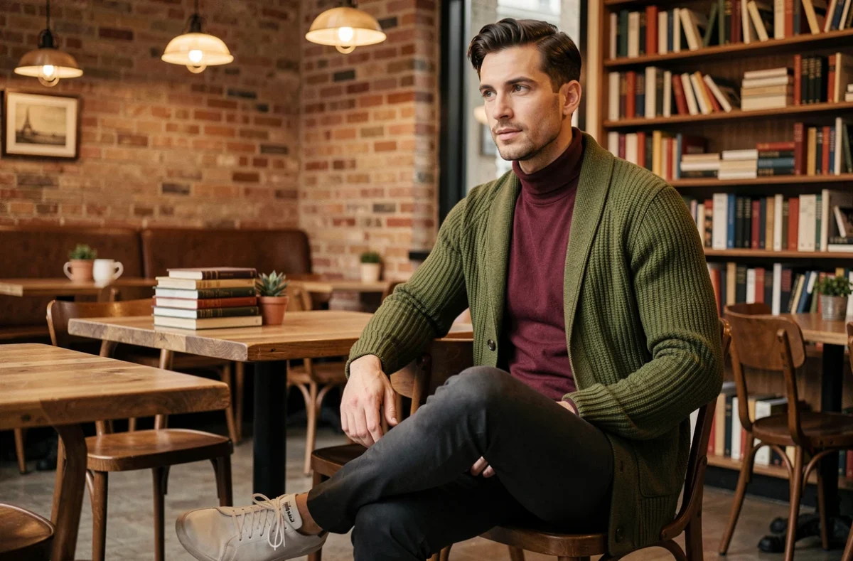 Homme stylé en cardigan olive et pull bordeaux attablé dans un café parisien vintage, mode masculine tendance saison