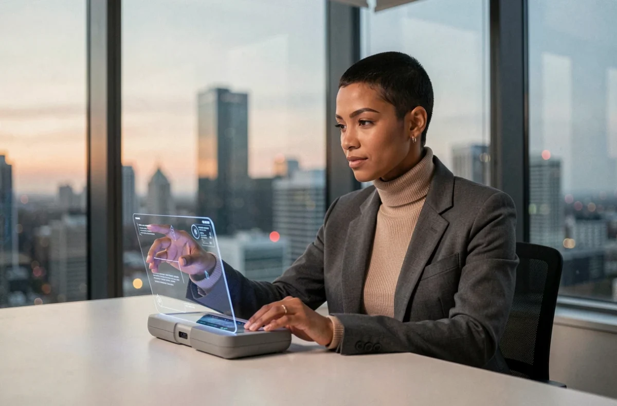 Femme utilisant une interface de réalité augmentée dans un bureau moderne avec vue sur la ville, tendances technologiques