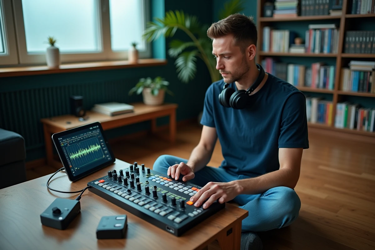 Homme assis sur le sol d'un studio audio testant une soundboard DIY avec plusieurs boutons d'effets sonores personnalisés
