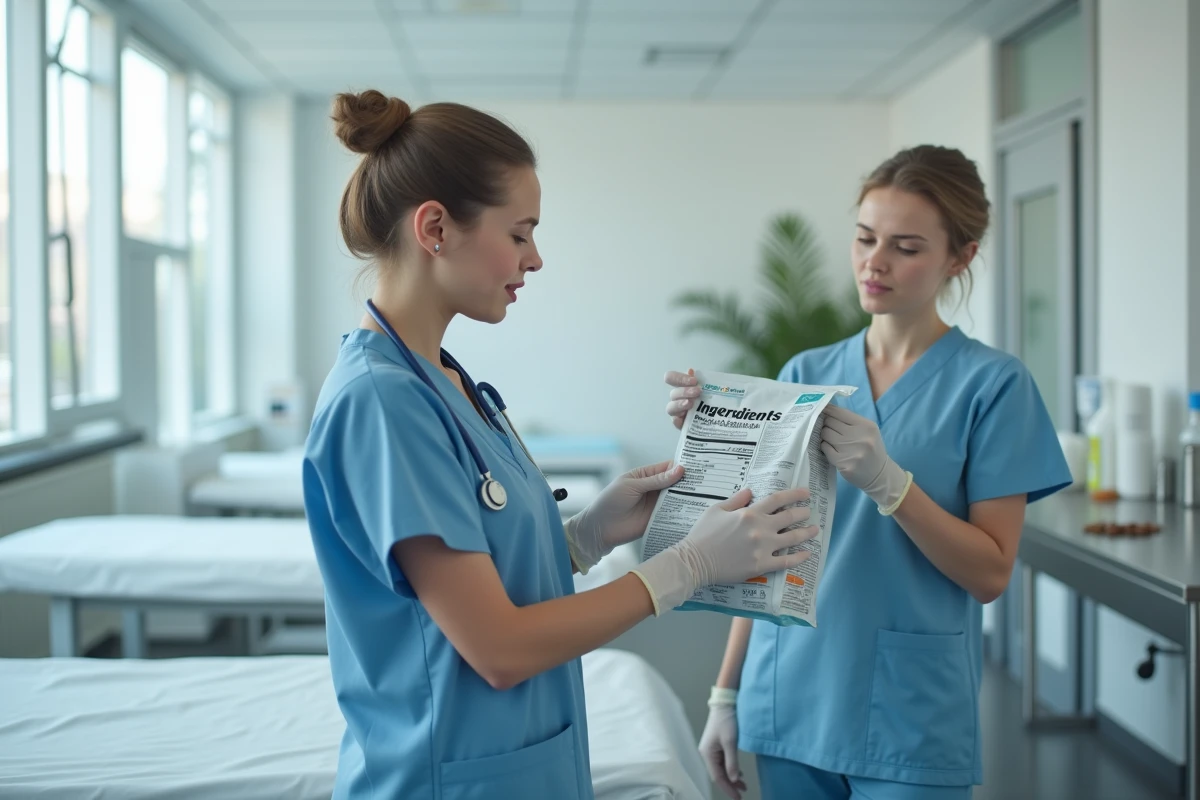 Vétérinaire en blouse bleue lisant l'étiquette d'un sac de nourriture pour chiot en clinique